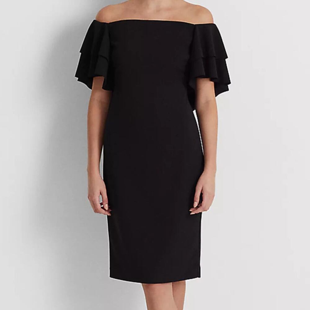 LRL Ralph Lauren Cocktail Dress 0 Black Crepe Ruffle Off The Shoulder Sheath New